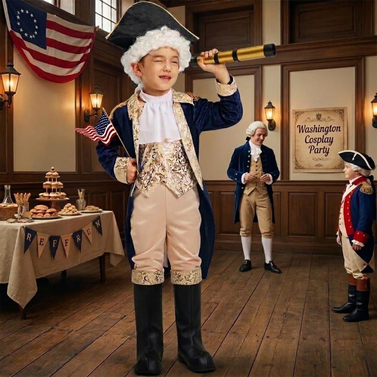 IKALI Kids George Washington Costume With Wig and Hat Accessories, Boys Children Hamilton American Colonial Day Outfit Uniform 7-8 Years — image 1