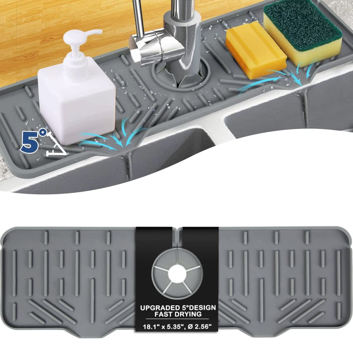 BFONS XL Silicone Faucet Handle Drip Catcher Tray, Gray, 18.1in x 5.7in x 0.79in — image 1