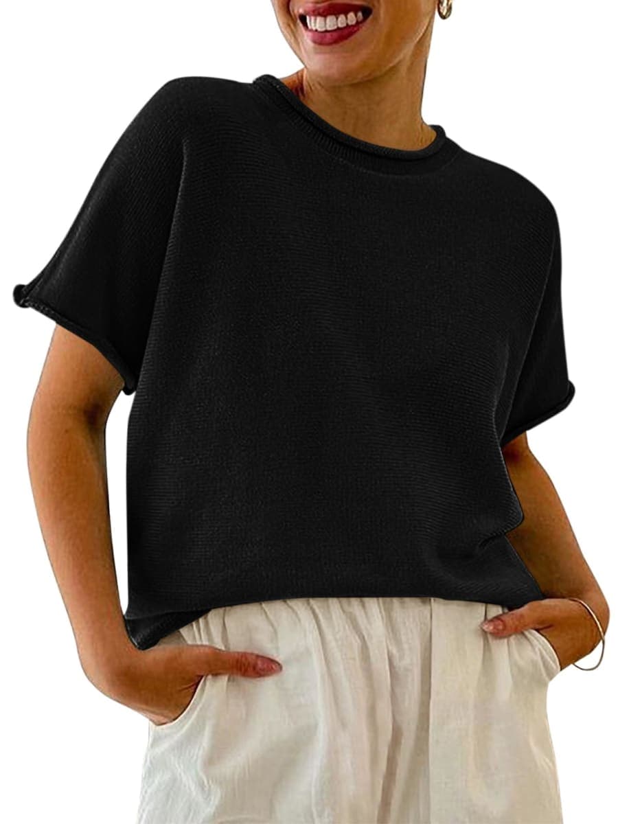 Saodimallsu Womens Short Sleeve Sweater Tops Basic Lightweight Casual Crewneck Summer Loose Fit Cropped Tees Shirts, Black, Medium — image 1