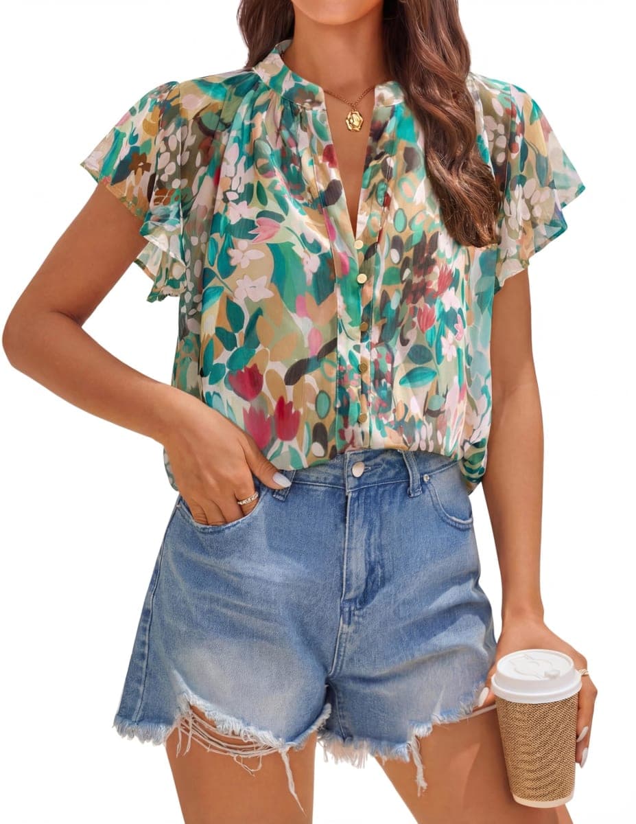 ZESICA Women's Summer Floral Blouse 2026 Flutter Short Sleeve Botton Down Chiffon Shirts Casual Boho Tops Trendy Outfits, Pink Green, X-Large — image 1