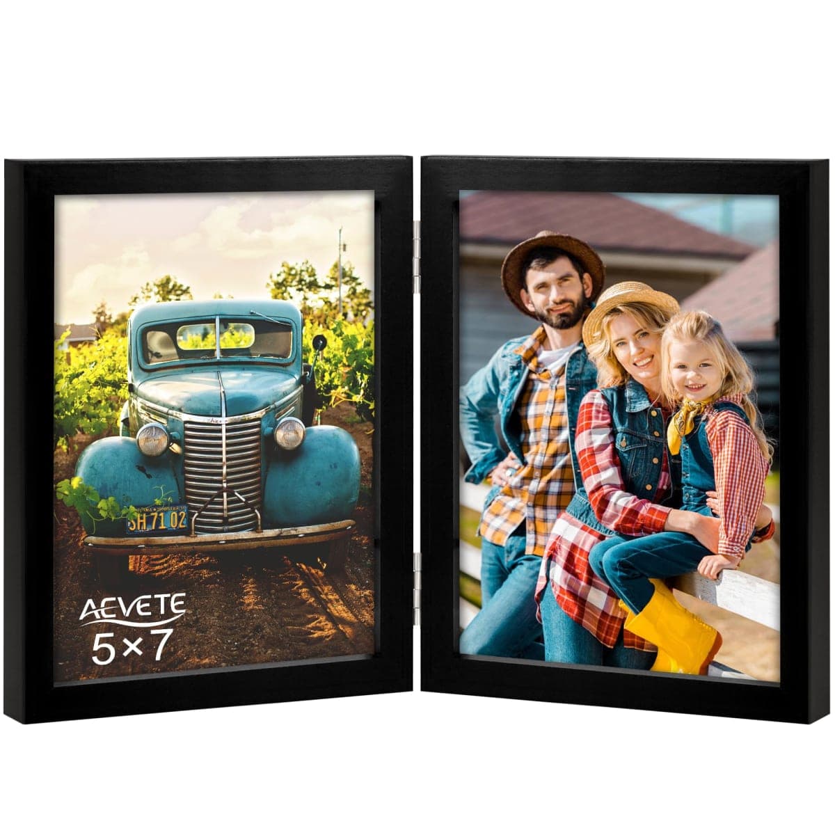 AEVETE 5x7 Picture Frames Double Hinged Wood Folding Photo Frames Vertical with Plexiglass Front, Black — image 1