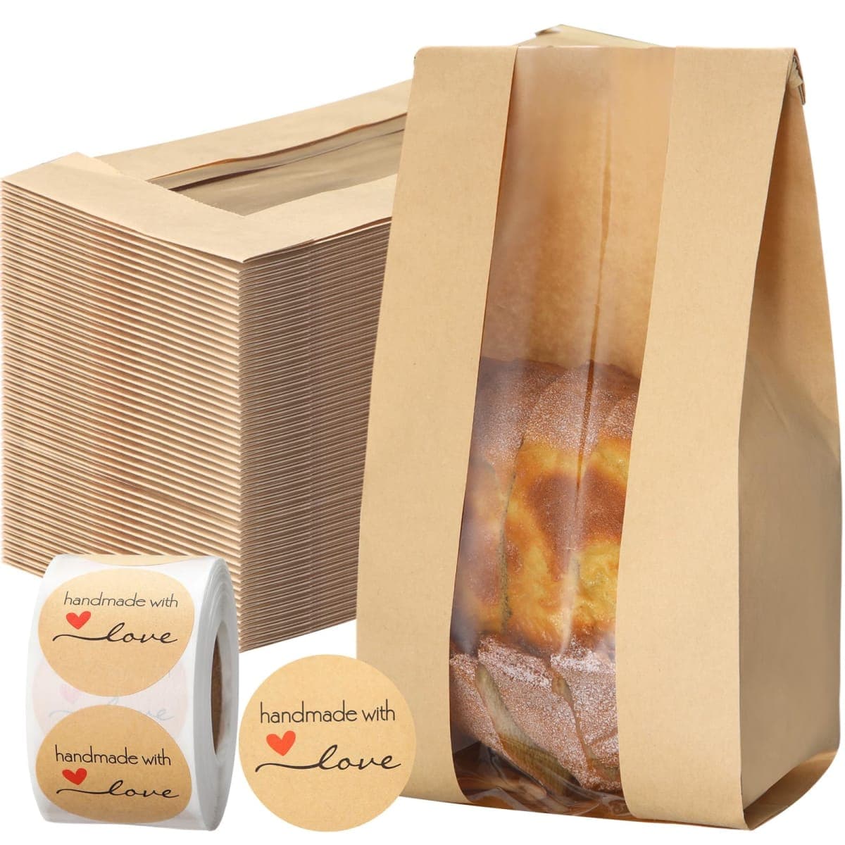 Fullhawl 250 Pcs Paper Bakery Bags with Window Sourdough Bread Bags for Homemade with 500 Pcs Label Seal Stickers 4.7x3.5x11.8 Tin Tie Tab Lock Brown Kraft Bread Bags for Storage Candy Cookie Snacks — image 1