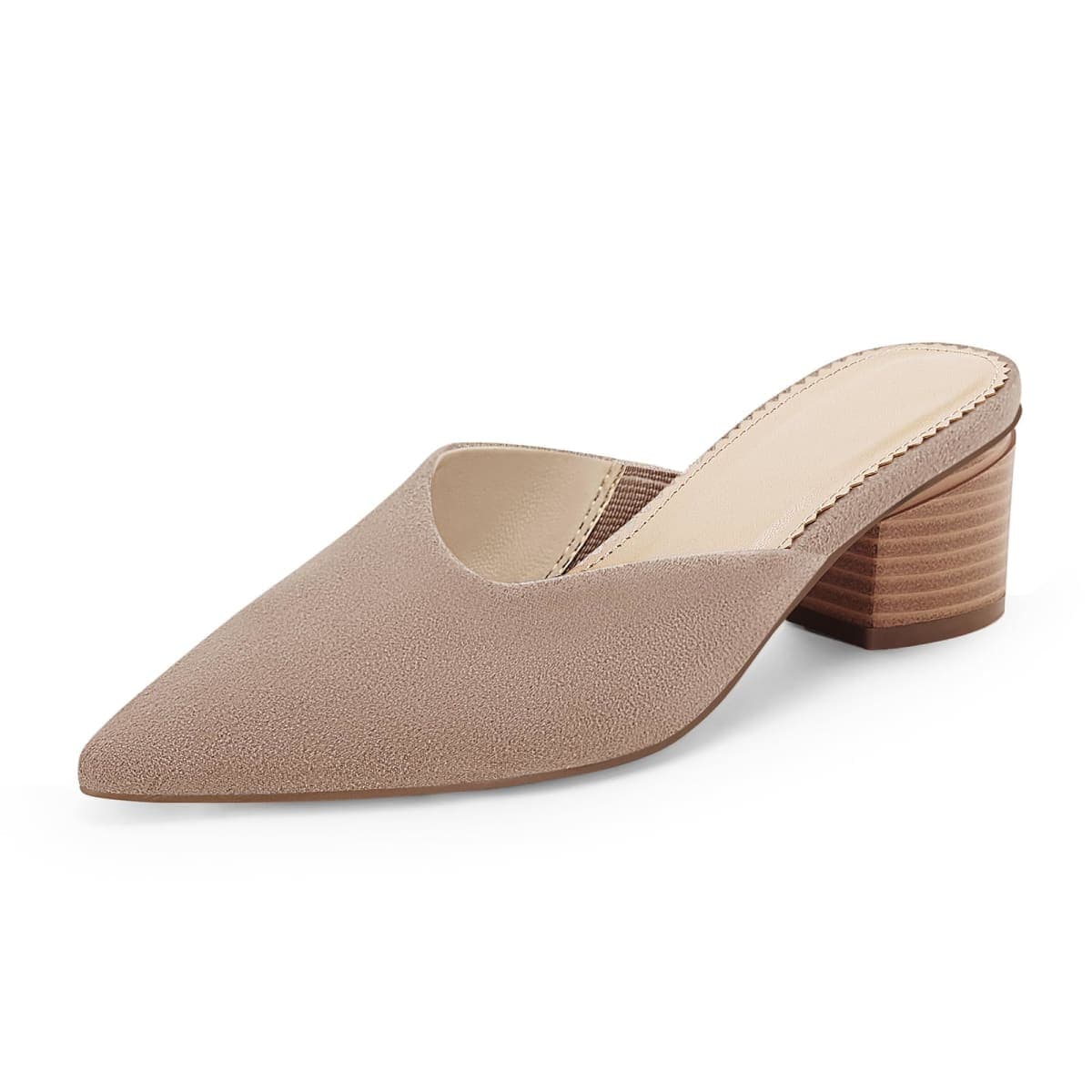 Coutgo Womens Pointed Toe V Cut Mules Chunky Block Heels Slip On Clogs Fashion Office Slides Shoes, Camel, 9.5 — image 1