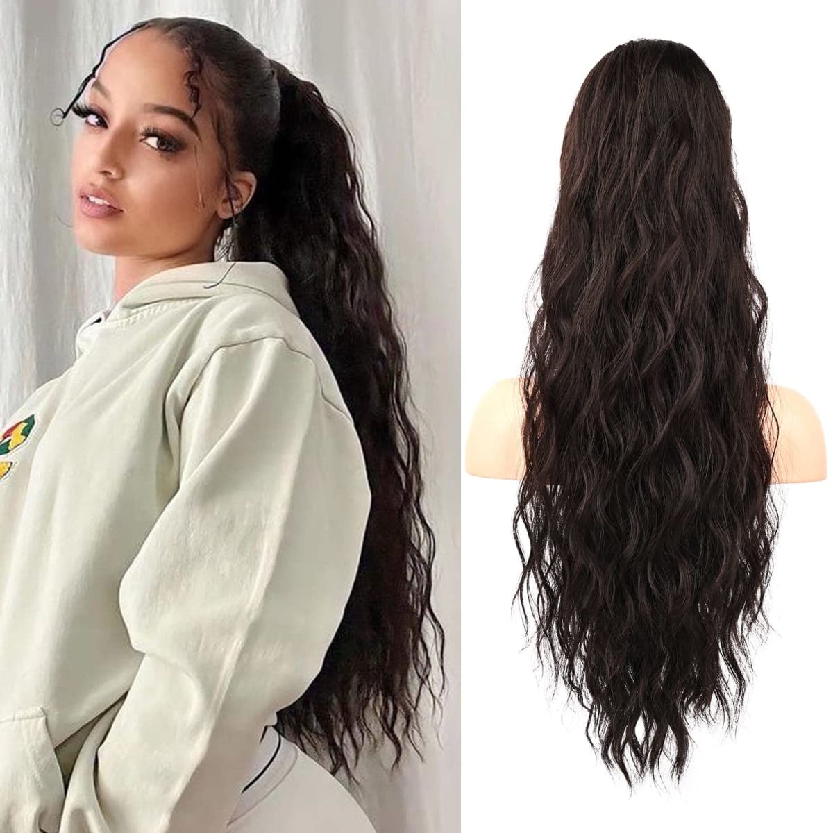 Flufymooz Ponytail Extension, 26 Inch Drawstring Ponytail Hair Extensions for Women, Long Curly Wavy Pony Tail Natural Wavy Synthetic Hairpiece for Women Daily Use party (26 Inch Black Brown) — image 1