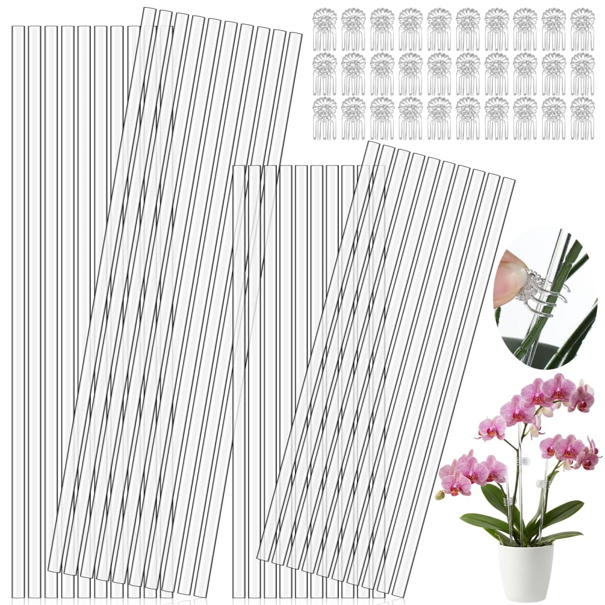 AOZUO 50 Pcs Acrylic Plant Stakes, 11 & 16 Inch Acrylic Plant Stakes with 60 Clips Clear Plants Support Stakes Kit Reusable Garden Orchid Stake for Indoor and Outdoor Potted Plants Vegetables Flowers — image 1