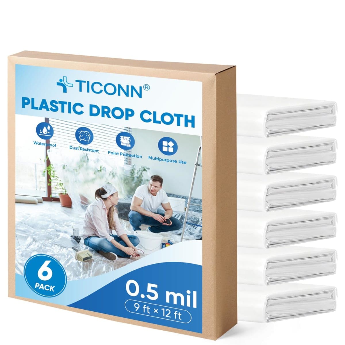 TICONN 12 x 9 Ft Plastic Drop Cloth for Painting, Waterproof Painters Plastic Sheeting, Painting Tarp for Furniture Cover, Floor Protection (6PK, 0.5Mil) — image 1