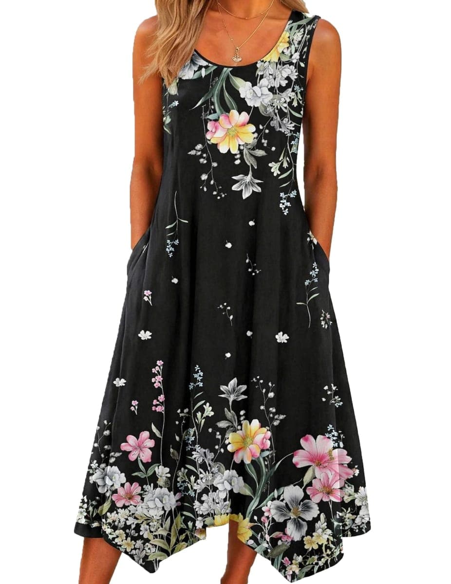 HOTOUCH Dresses for Women Casual Flowy Tshirt Sleeveless O Neck Tank Aline Midi 2026 Summer Bohemian Cruise Travel Tropical Beach Resort Trendy Loose Dress with Pockets Black Floral L — image 1