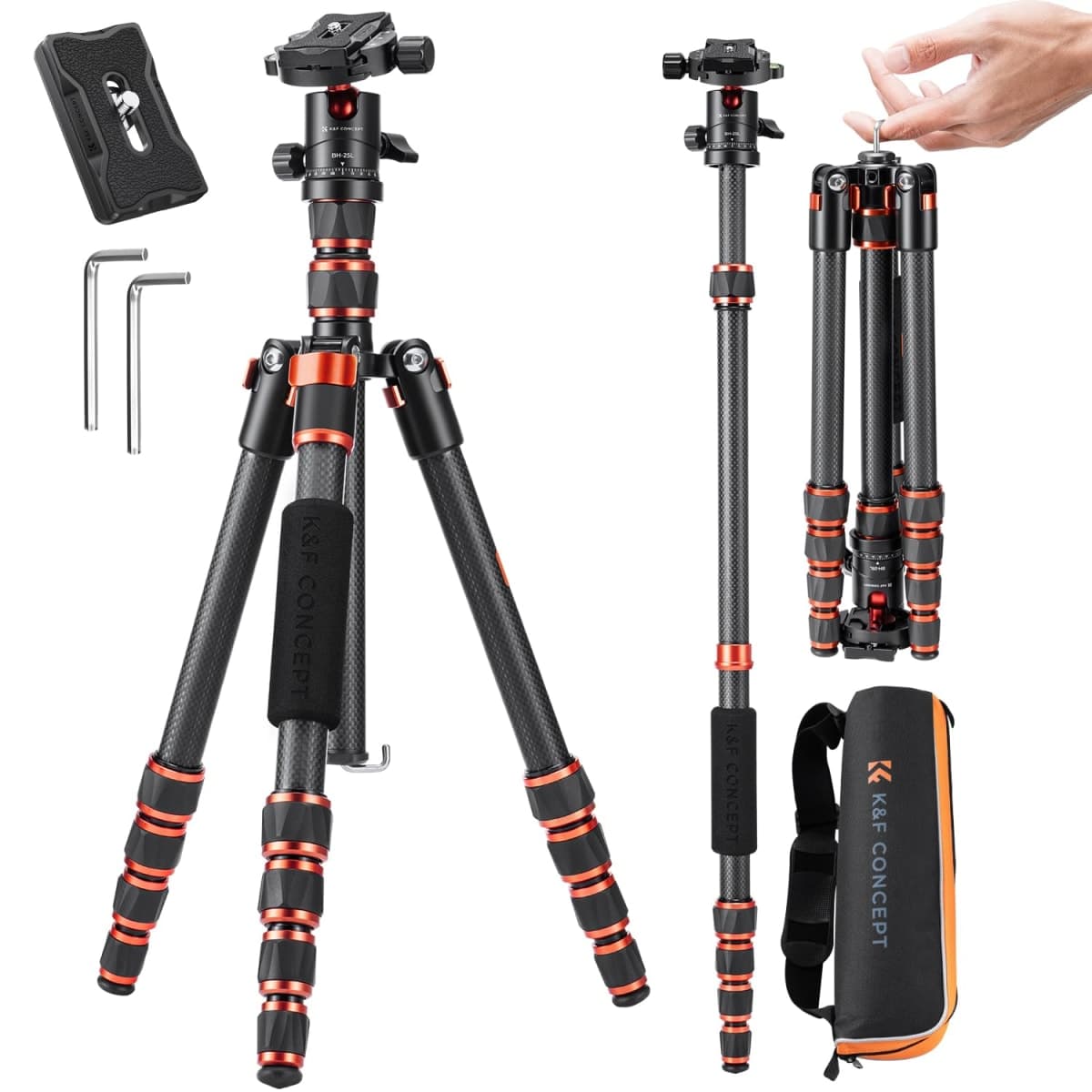 K&F CONCEPT 60" Carbon Fiber Tripod, Compact Camera Tripod, 17.64lbs — image 1