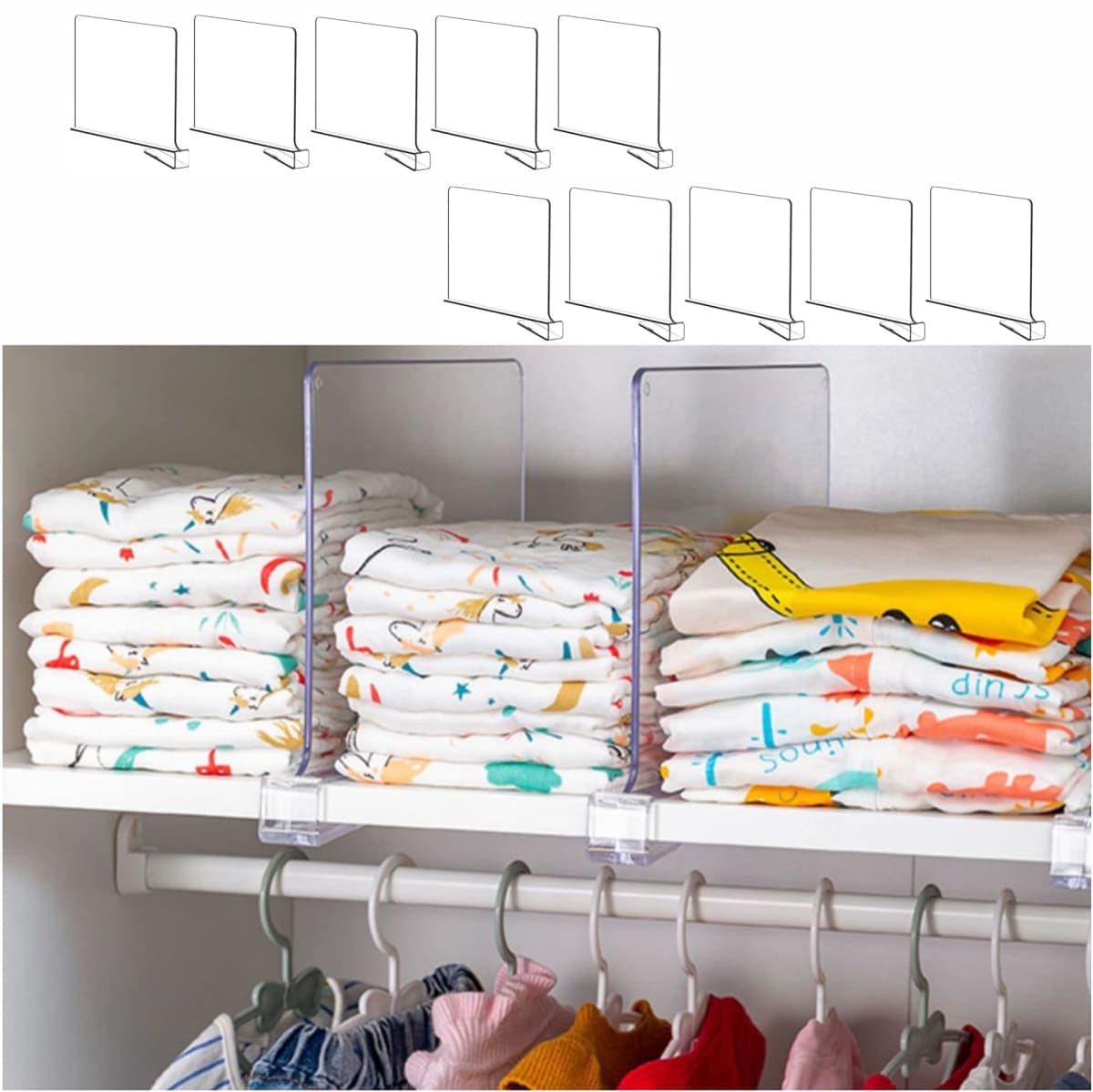 Yieach 10 Pack Clear Acrylic Shelf Divider for Closet Organization - 9.2″ Tall Closet Dividers for Wood Shelves,Cupboard,Vertical Shelf Separators in Closet for T-Shirt,Purse,Handbag,Sweater Organizer — image 1