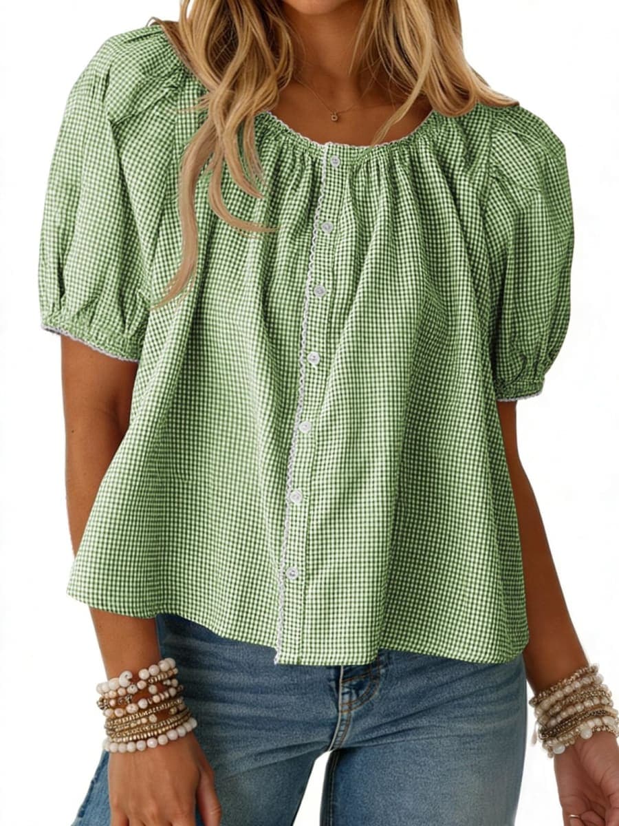 Tankaneo Womens Puff Sleeve Gingham Blouse Summer Plaid Crew Neck Cute Tops Trendy Casual Button Down Shirts, Green, X-Large — image 1