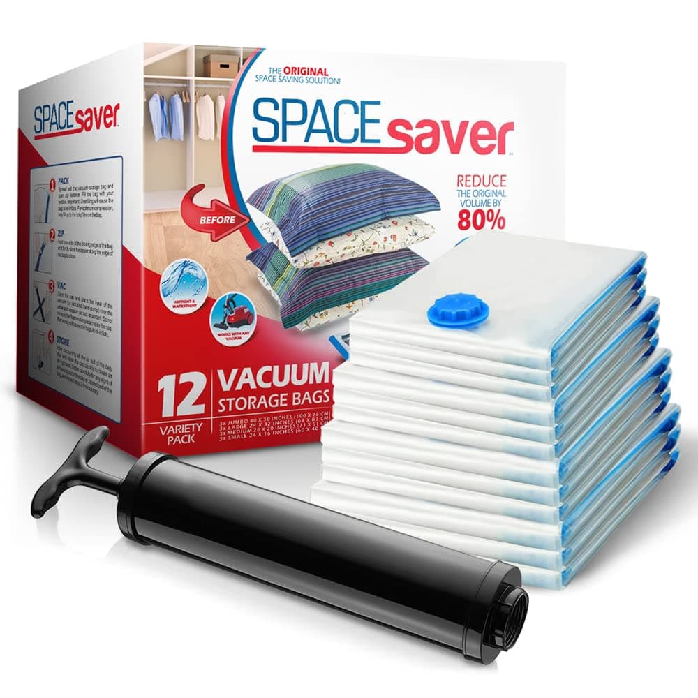 Spacesaver 12 Pack Vacuum Storage Bags Variety Pack - (3 Small, 3 Medium, 3 Large, 3 Jumbo) - 80% More Storage - Travel Hand Pump - Vacuum Sealer Bags for Clothes, Bedding, and More — image 1