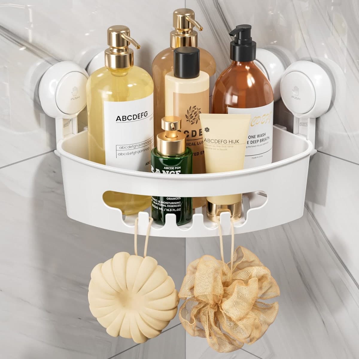 TAILI Corner Shower Caddy with Suction Cups, Wall Mounted Organizer Plastic Rack for Small Bathrooms, Kitchen, Removable Drill-Free Heavy Duty Shelf Basket, White — image 1