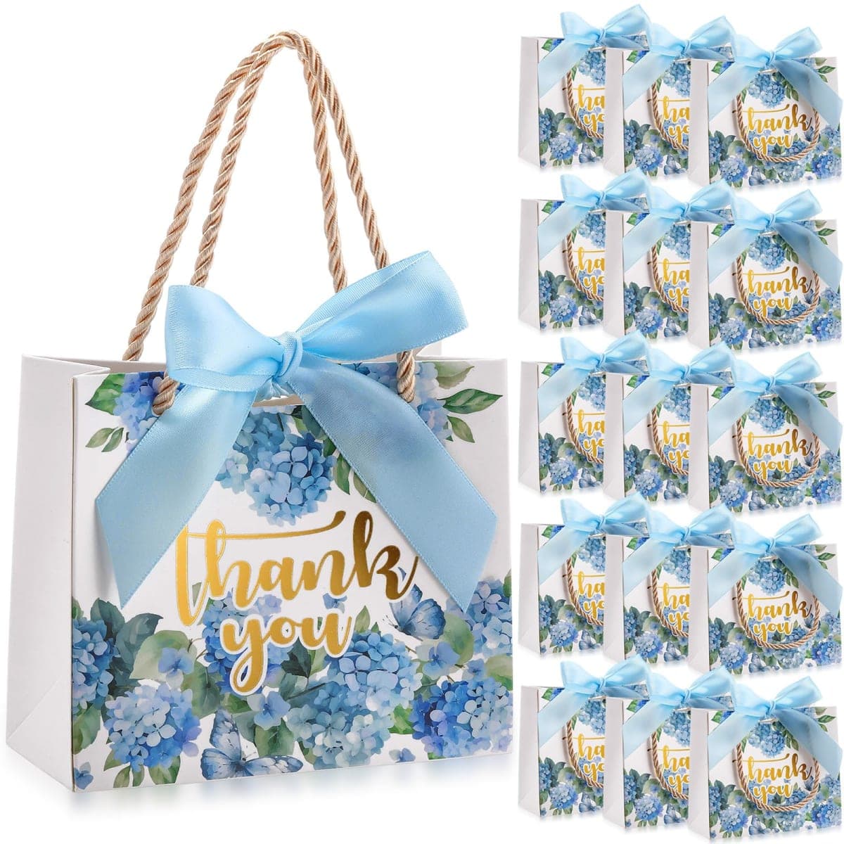 Moinchore 40 Pack Thank You Gift Bags with Handles Paper Wedding Welcome Bags Bridal Shower Leaf Flower Welcome Gift Tote with Bow for Wedding Birthday Baby Shower Party Favor(Blue Hydrangea) — image 1