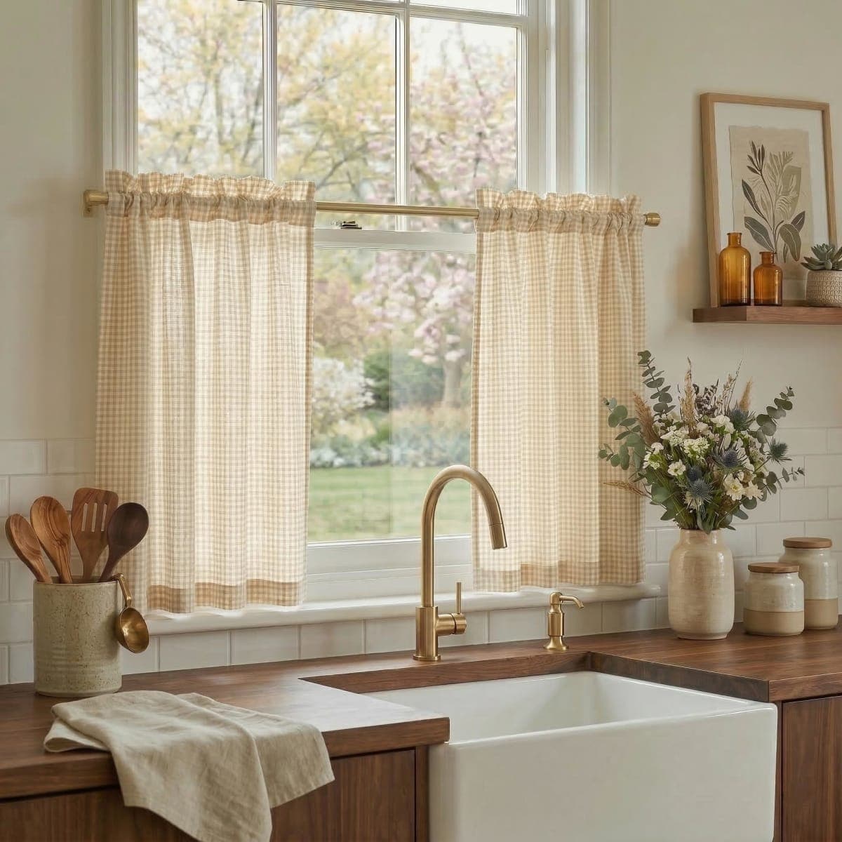 NICETOWN Linen Kitchen Short Curtains 36 Inch Length 2 Panels, Butter Yellow Plaid Rustic Farmhouse Decor Drapes, Light Filtering Tier Curtains with Rod Pocket for Bedroom Bathroom, 30 x 36 — image 1