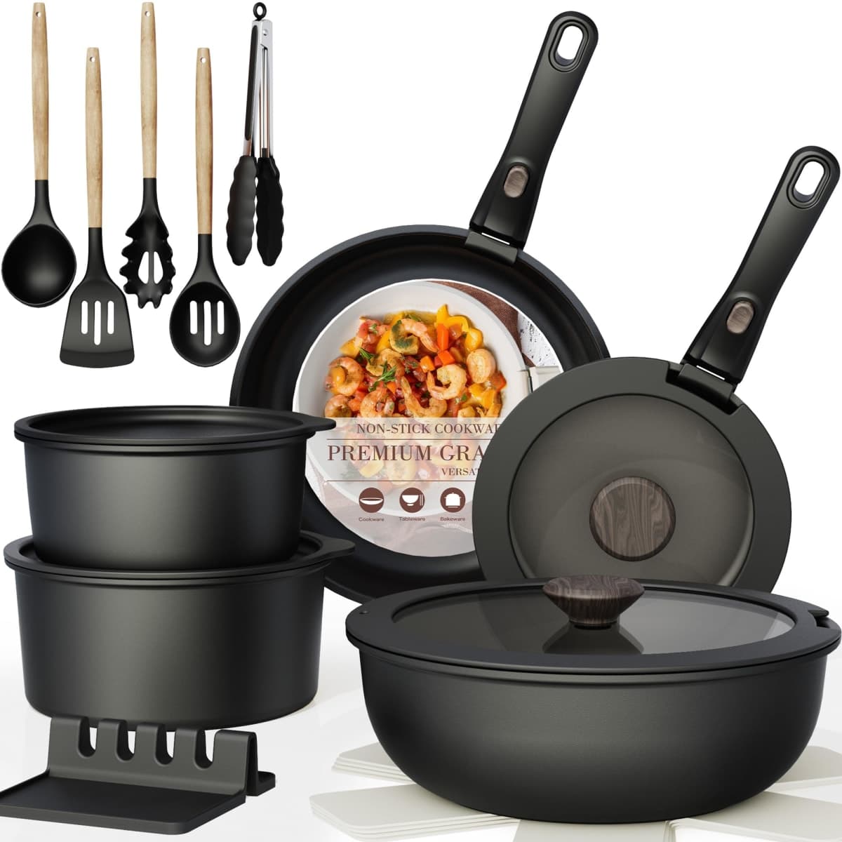 Astercook 21 Pcs Pots and Pans Set Non Stick, Ceramic Cookware Set Detachable Handle, RV Kitchen Cooking Set Removable Handles, Oven Safe, Induction Ready, Stackable Non-stick Set, Black — image 1
