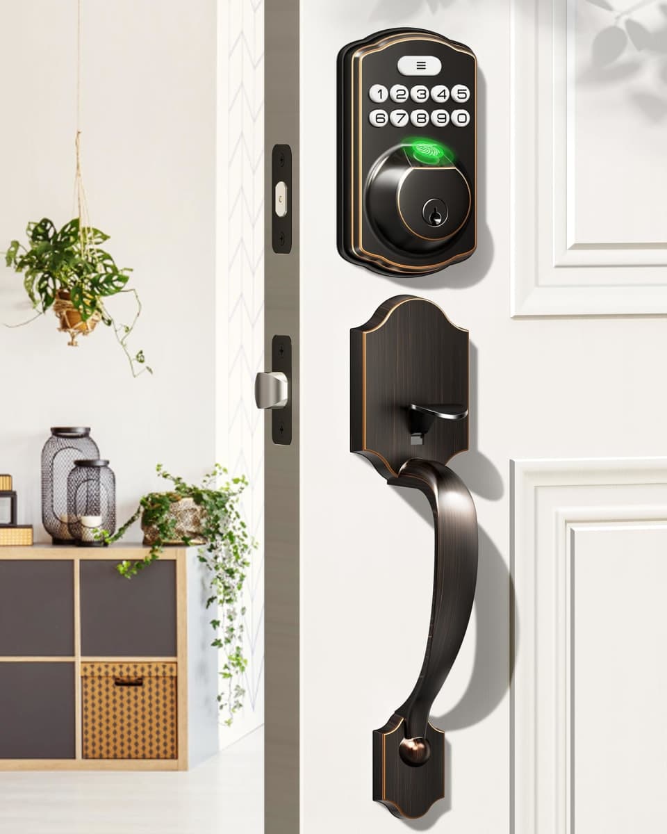 Veise Fingerprint Door Lock Set, Keyless Entry Door Lock, Front Handle Set, Electronic Keypad Deadbolt with Lever Handle, 2 Keys, Auto-Locking, One-time Codes, Easy to Install, Oil Rubbed Bronze — image 1