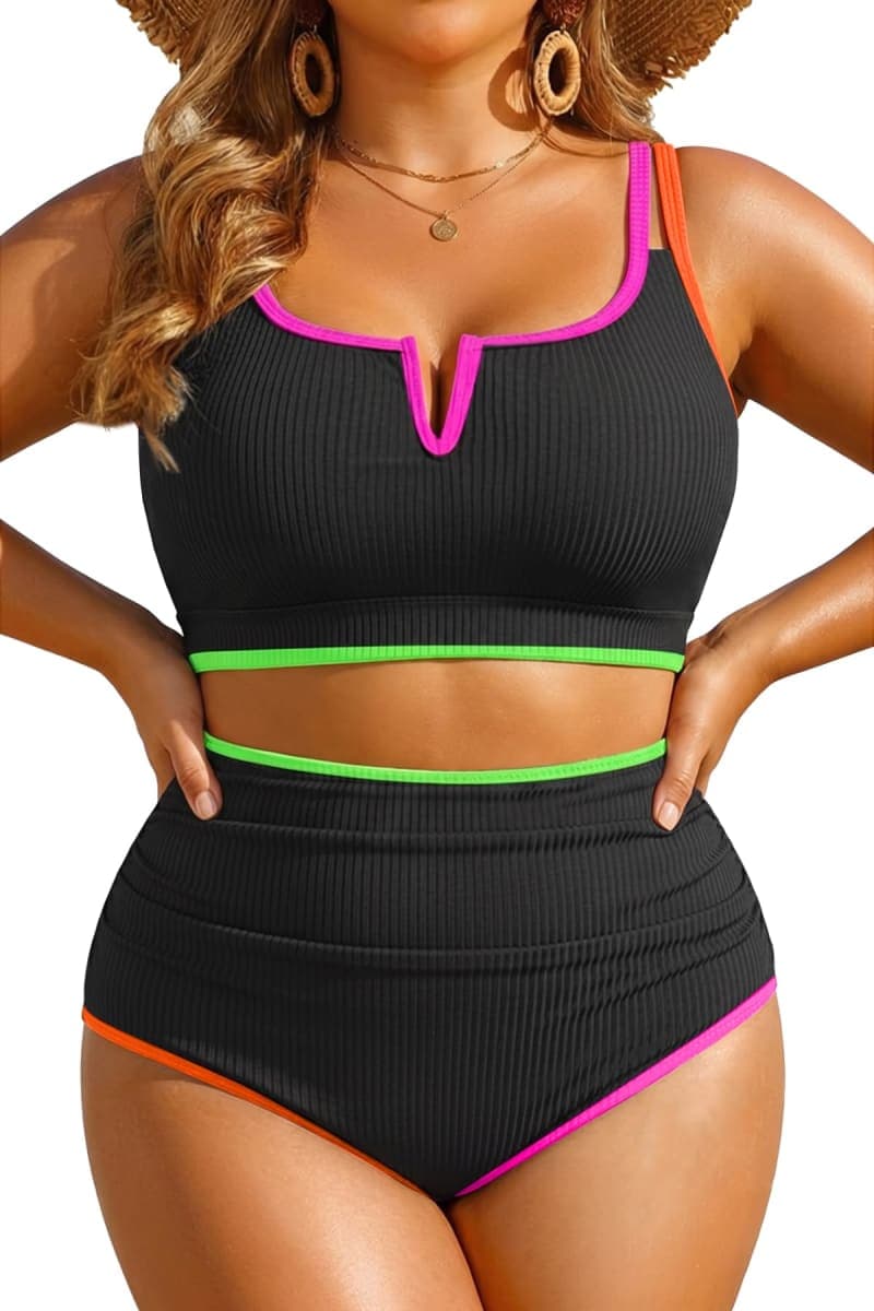 Women Plus Size High Waisted Bikini Ribbed Two Piece Tummy Control Swimsuit, Colorful Black, 16 Plus — image 1