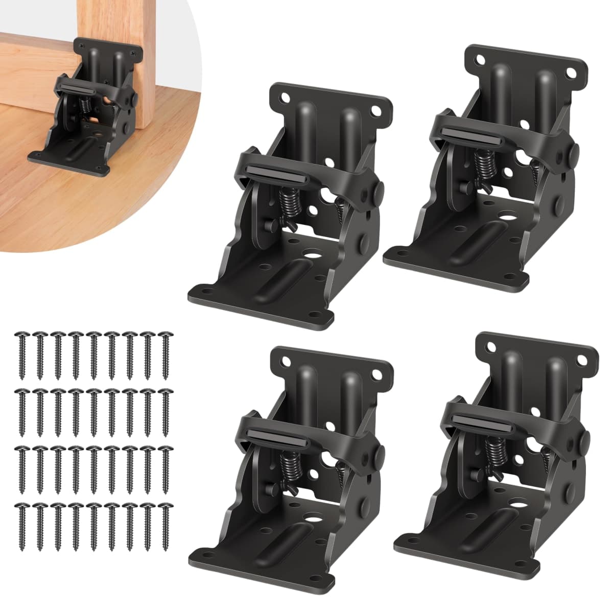 4 Pack Folding Brackets, Self-Lock Hinge with Screws for Folding Table Legs, Lock Extension Support Bracket Bed Legs, Black — image 1