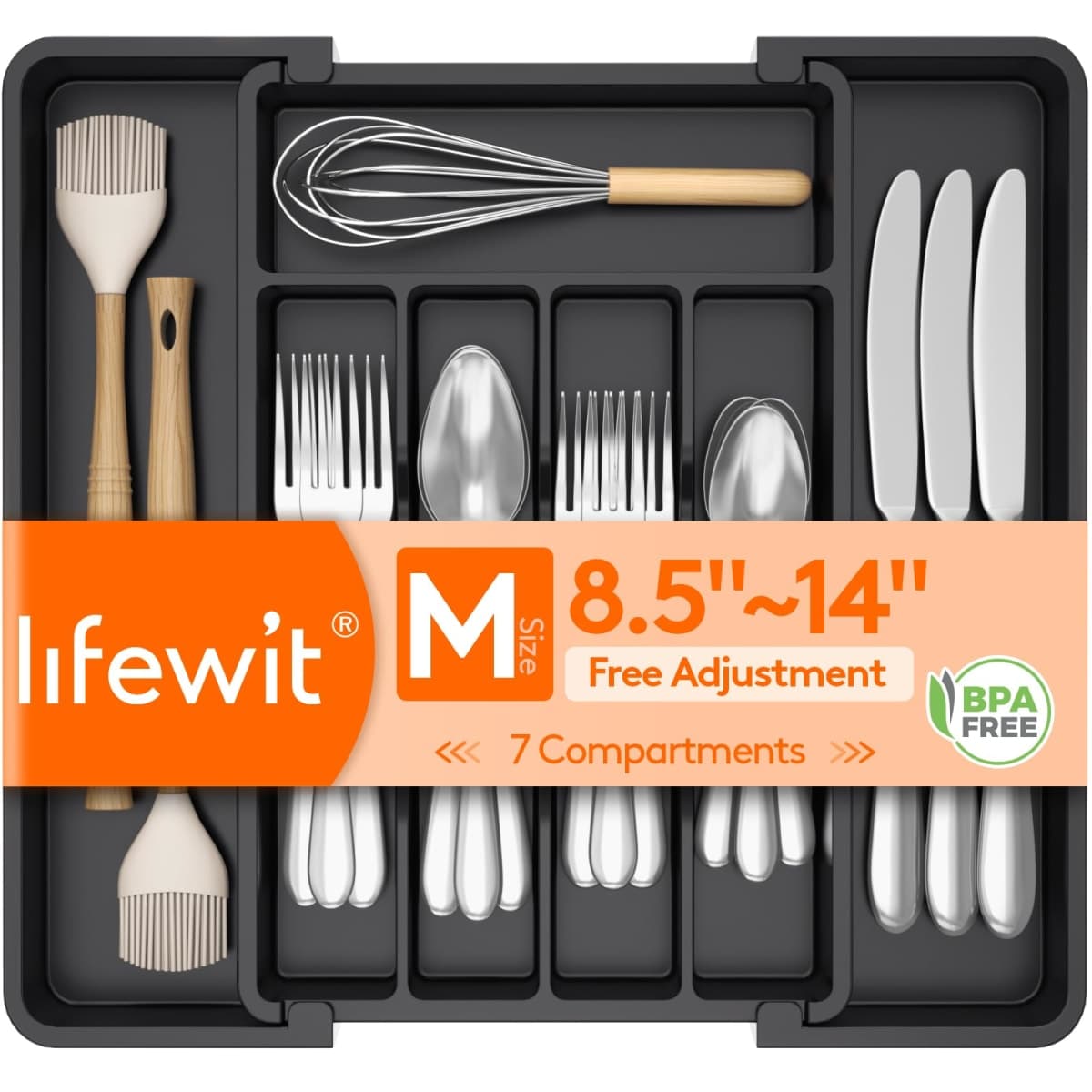 Lifewit Cutlery Organizer, Expandable Utensil Drawer Organizer, Adjustable Cutlery Rack for Kitchen, BPA Free Cutlery Holder, Cutlery Tray Organizer for Spoons Forks Knives, Black — image 1