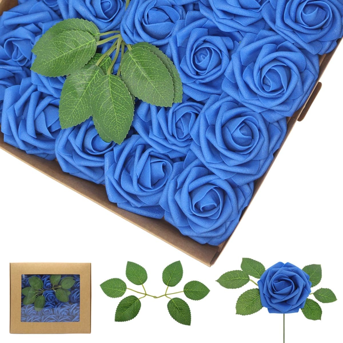 WANTMAZOR Artificial Flowers Blue Roses Real Looking Foam Fake Roses with Leaves and for DIY Wedding Bouquets Bridal Shower Centerpieces Party Decorations (100, Light Turquoise Blue) — image 1
