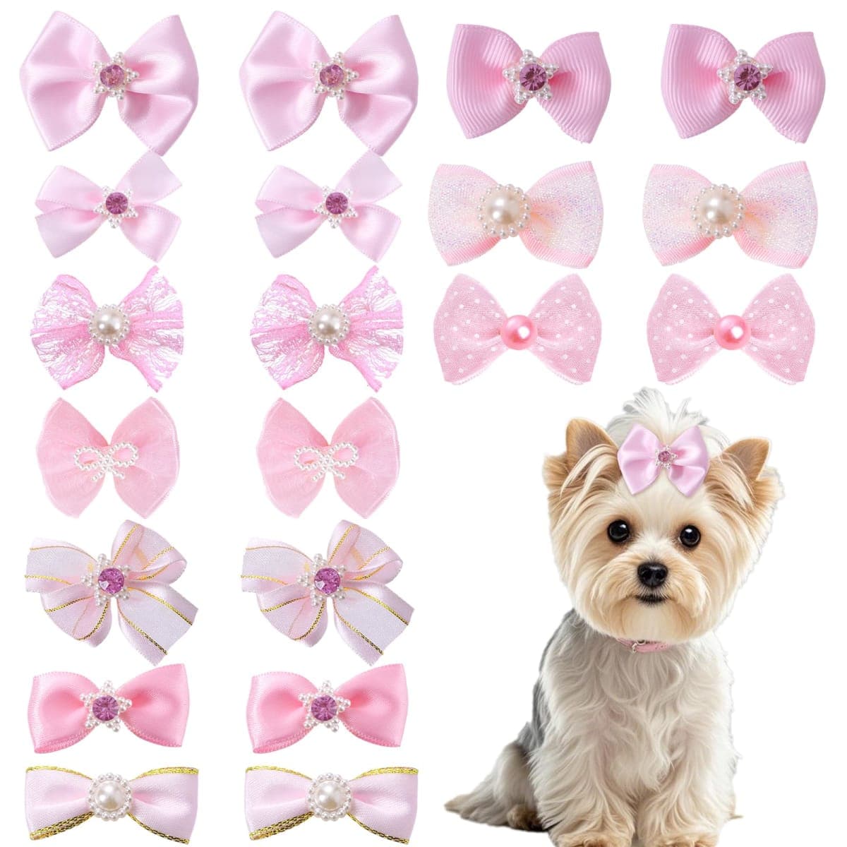Pistha 20 PCS Cute Dog Hair Bows with Rubber Bands Elastic Handmade Mix Style Lace Rhinestone Pearls for Furry Puppy Cat Pet Girl Pink — image 1