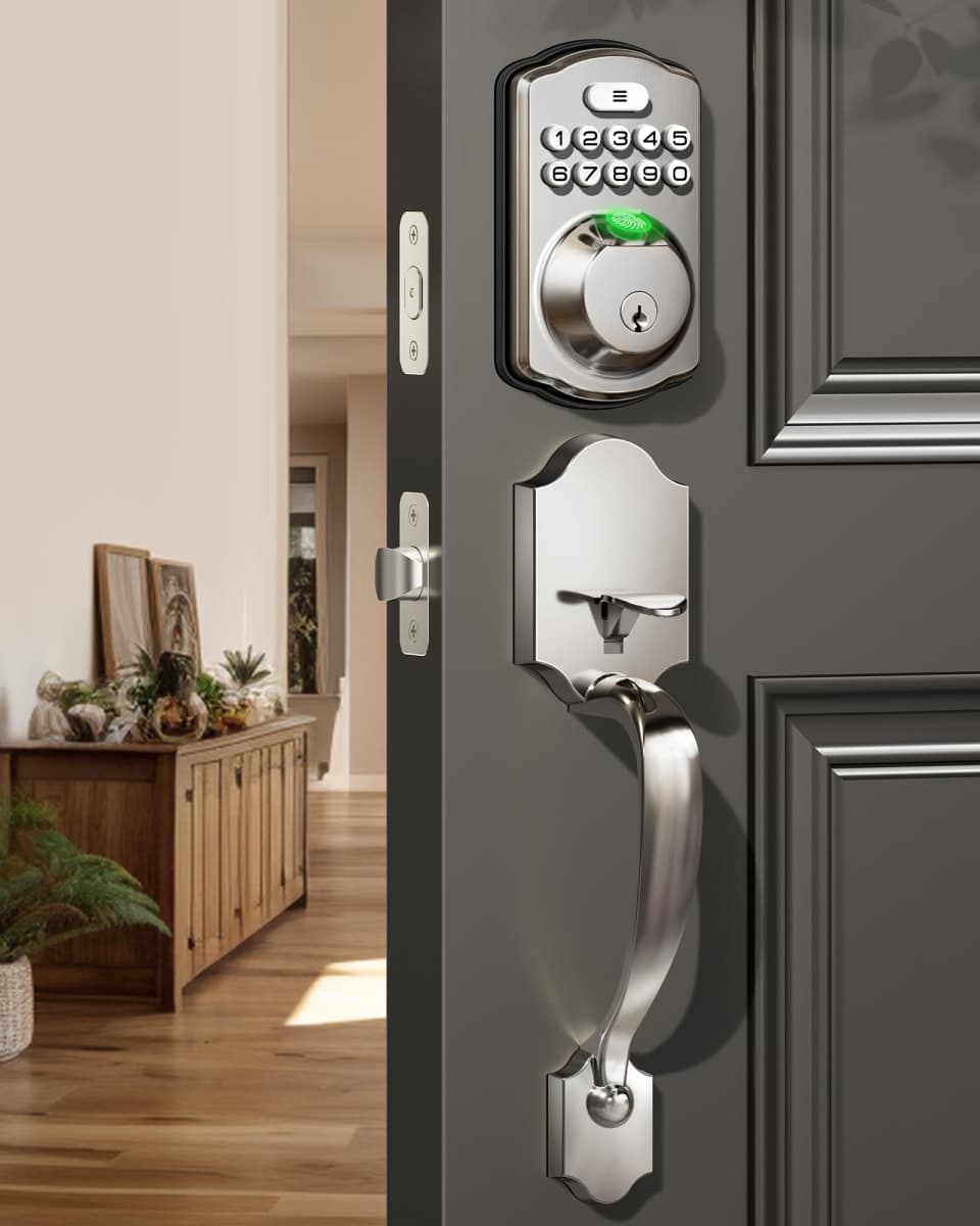 Veise Fingerprint Door Lock Set, Keyless Entry Door Lock, Front Handle Set, Electronic Keypad Deadbolt with Lever Handle, 2 Keys, Auto-Locking, One-time Codes, Easy to Install, Satin Nickel — image 1