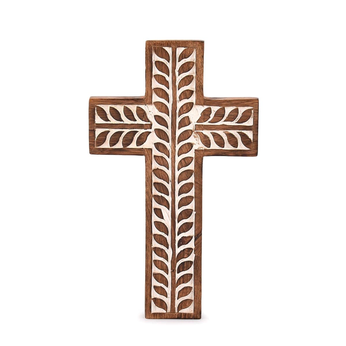 NIRMAN Mango Wood Catholic Religious Cross Wall Hanging Floral Sculptures Living Room Home Decor for Entryway Office Living Room (10 x 6 x 0.7 inches) — image 1