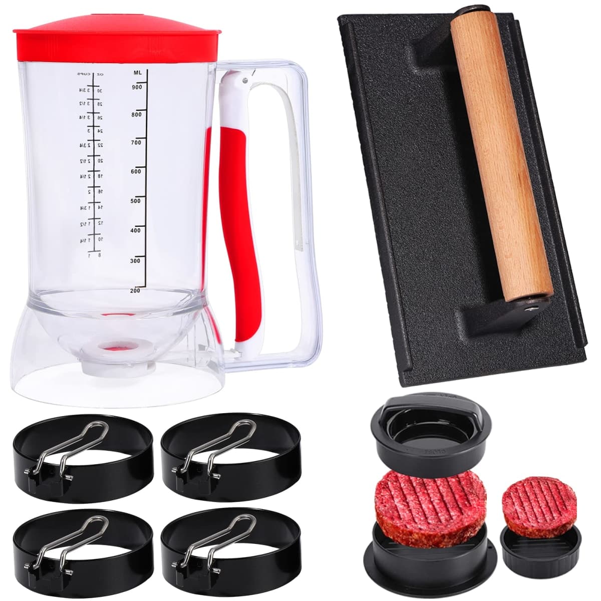 Breakfast Kit for Blackstone Grill, 7 Piece Griddle Accessories Set - Including Pancake Batter Dispenser, Bacon Press, Egg Rings, Hamburger Press Patty Maker — image 1