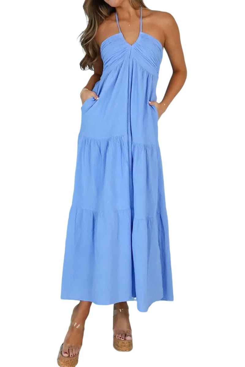 Amysister Women's Casual Halter Tiered Vacation Maxi Dress with Pockets, Azure, Small — image 1