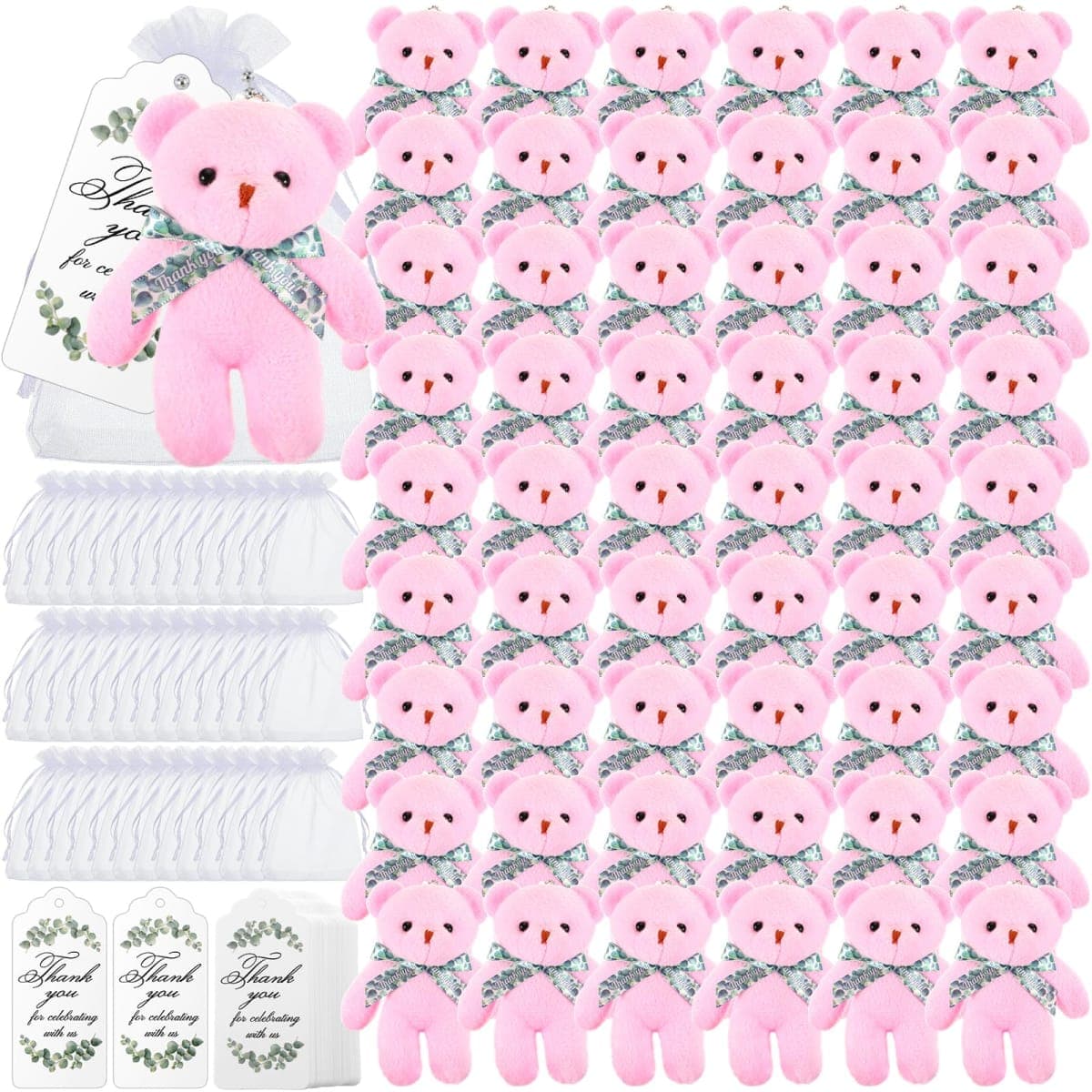 50 Sets Small Plush Bear Bulk, Mini Stuffed Animals, Pink Bear Party Favors — image 1