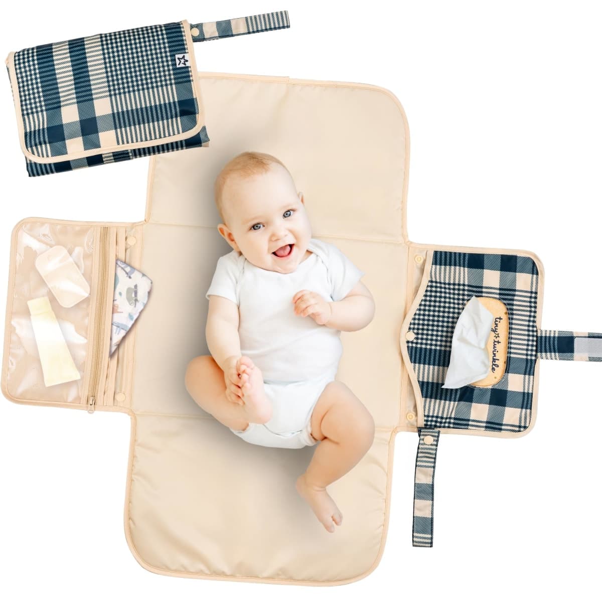 Tiny Twinkle Portable Diaper Changing Pad – Foldable, Waterproof & Compact Travel Changing Mat with Storage | Smart Wipes Pocket for On-The-Go Parents | Gift for Newborn Baby Girl & Boy(Gingham) — image 1