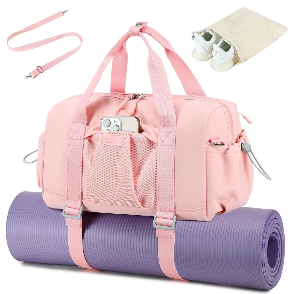 LEDAOU Small Gym Bag for Women, Mini Duffle Bag with Yoga Mat Holder Lightweight Carry On Sports Bag with Separate Shoe Pocket & Wet Pocket Duffel Bags Dance Yoga Workout Bag, Pink, Small, Small Gym — image 1
