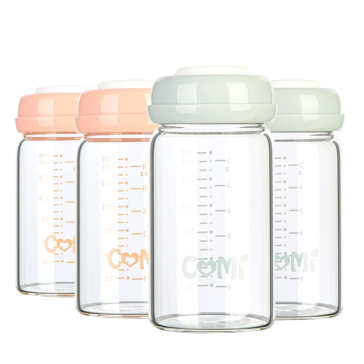 COMI Wide Neck Glass Breastmilk Collection n Storage Bottle, 4 Packs, 6oz with Screw Ring Sealing Disk; Re-markable Sealing Disc. BPA Free, Fits Breast Pumps & Nipples (2 Gray Lids + 2 Pink Lids) — image 1