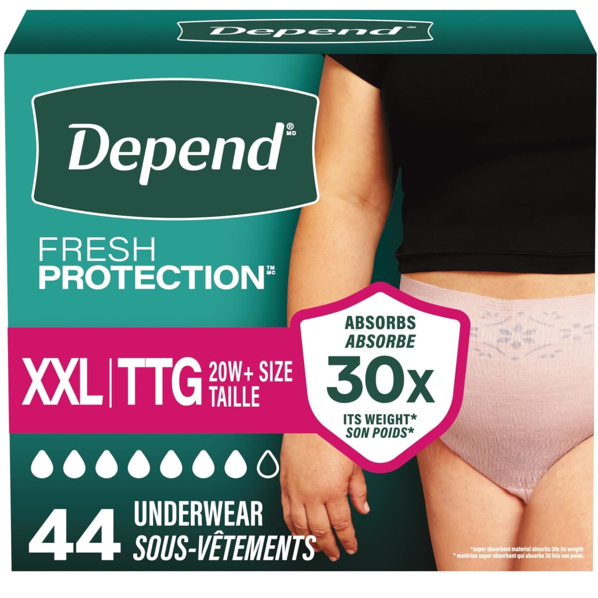 Depend Fresh Protection Adult Incontinence Underwear for Women (Formerly Depend Fit-Flex), Disposable, Maximum, Extra-Extra-Large, Blush, 44 Count (2 Packs of 22) — image 1