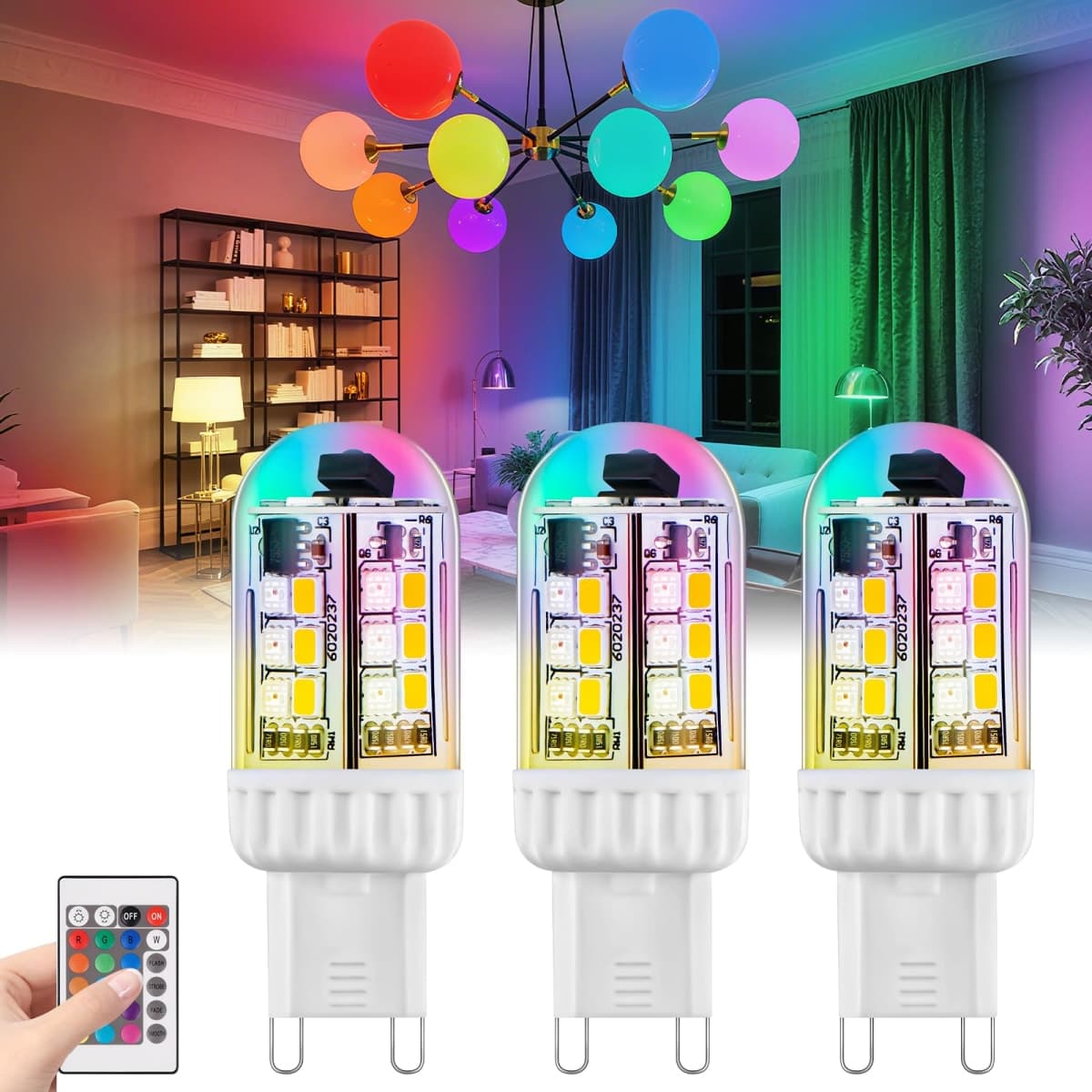 Makergroup G9 RGB Color Changing LED Light Bulbs, 20W 35W T4 G9 Halogen Replacement, Dimmable with Remote Control, Warm White+15 RGB Colors, Memory Function and Versatile G9 Bulbs, 100-240V 3-Pack — image 1