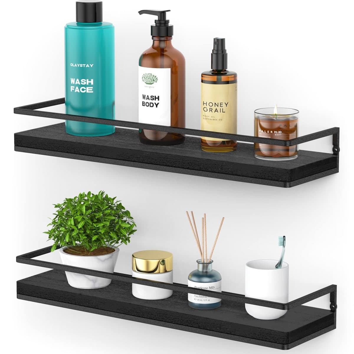 Meangood Floating Shelves Wall Mounted Set of 2, Rustic Wood Wall Storage Shelves for Bedroom,Living Room,Bathroom, Kitchen (Black) — image 1