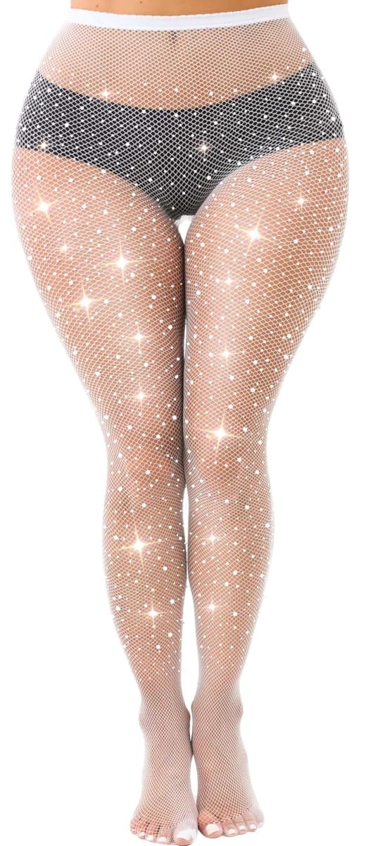 lmotpe Plus Size Fishnet Stockings For Women Sparkly Rhinestone Fishnets Party Concert Stockings, White, 3X-Large-4X-Large Plus — image 1
