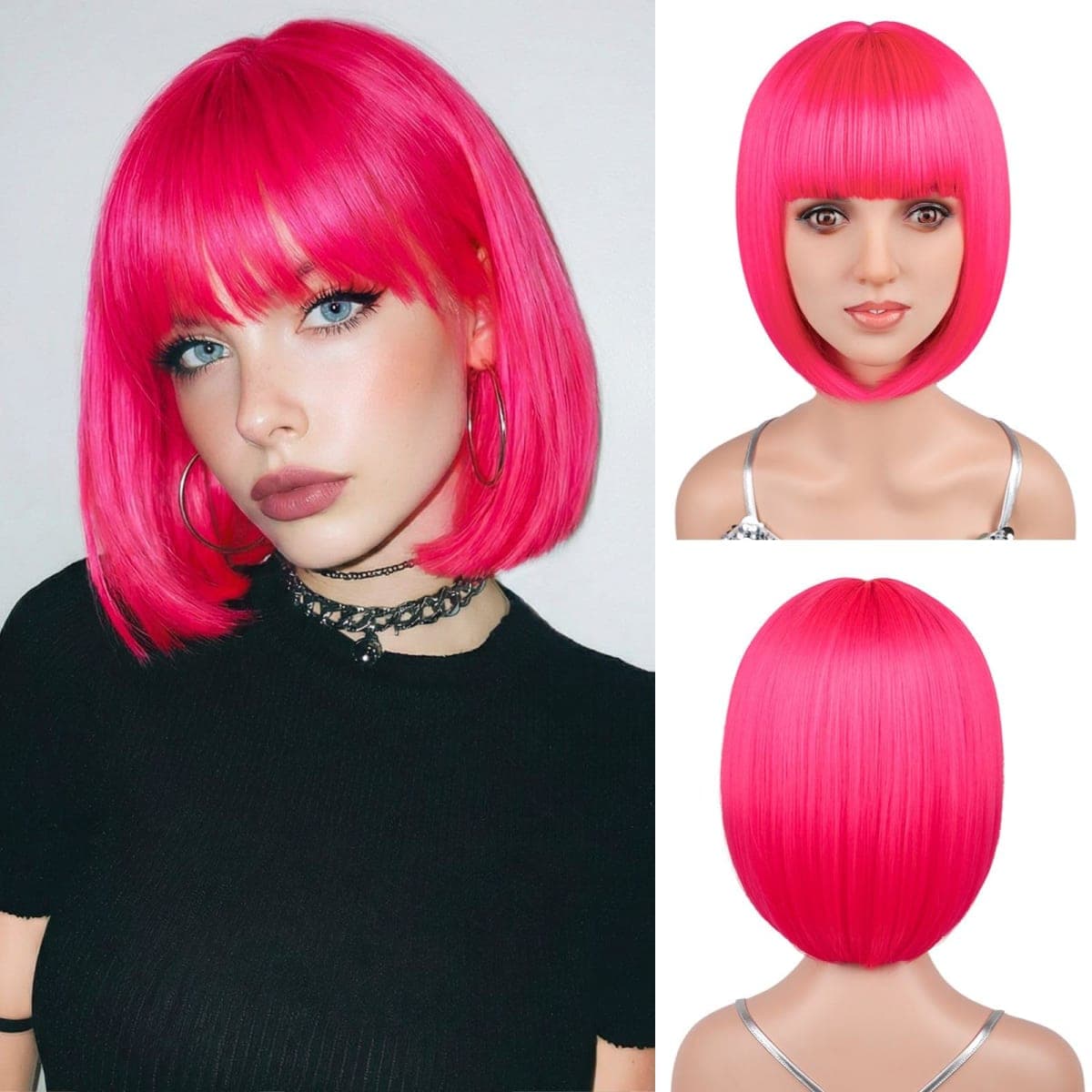 Bob Wig, Straight Short Bob Hot Pink Wig with Bangs, Synthetic Heat Resistant Fiber Pink Wigs for Women Girls with Wig Cap, Colourful Wigs with Adjustable Straps for Party Cosplay Daily Use, 12 Inch — image 1