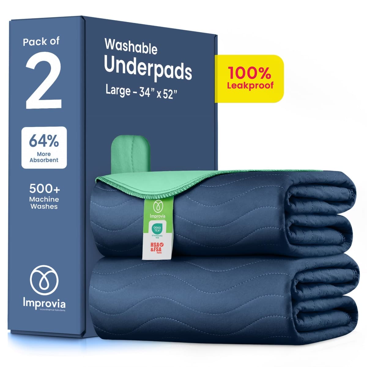 IMPROVIA® Washable Underpads, Heavy Absorbency Reusable Incontinence Pads for Kids, Adults, Elderly, and Pets, Waterproof Protection Floor (Navy & Green, 34"x52" (Pack of 2)) — image 1