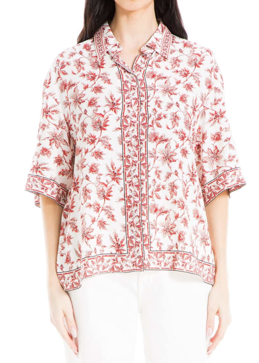 Max Studio Women's Rayon 3/4 Sleeve Button Front Blouse, Ivory/Green Contrast Flower, Large — image 1