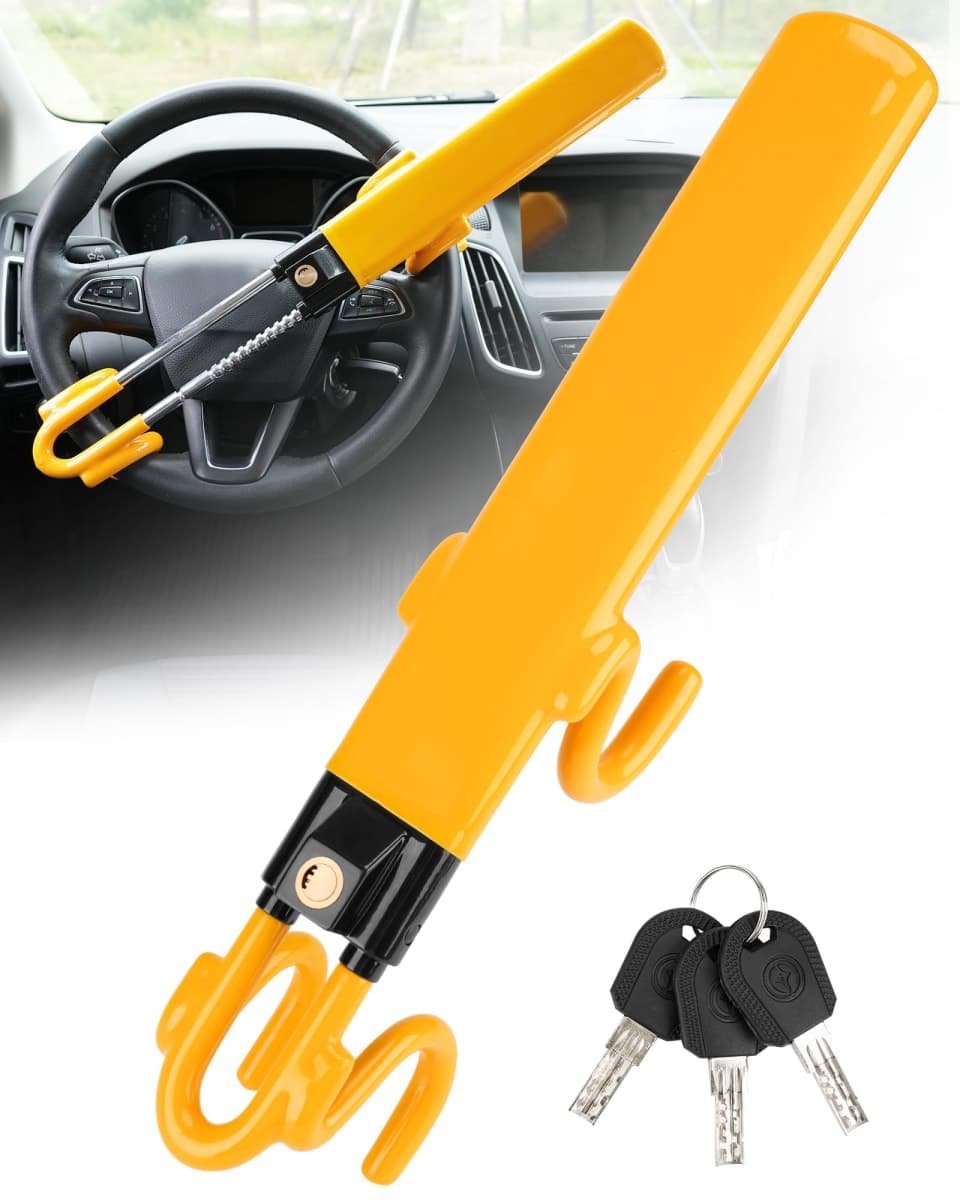 Tevlaphee Steering Wheel Lock Anti-Theft Car Device Heavy Duty Security Car Lock Antitheft Locking Devices Great Deterrent Adjustable Car Wheel Lock Anti Theft for Vehicle Truck with 3 Keys(Yellow) — image 1
