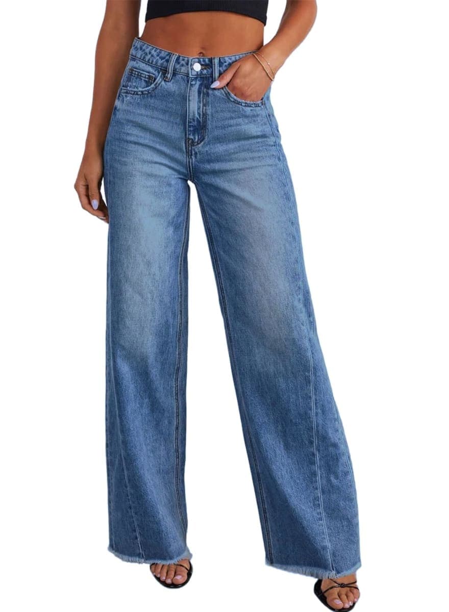 SIDEFEEL Wide Leg Jeans for Women Strechy High Waisted Baggy Femme Trendy 2026 Raw Hem Zimbaplatinum Pants with Pockets, Blue, 10 — image 1