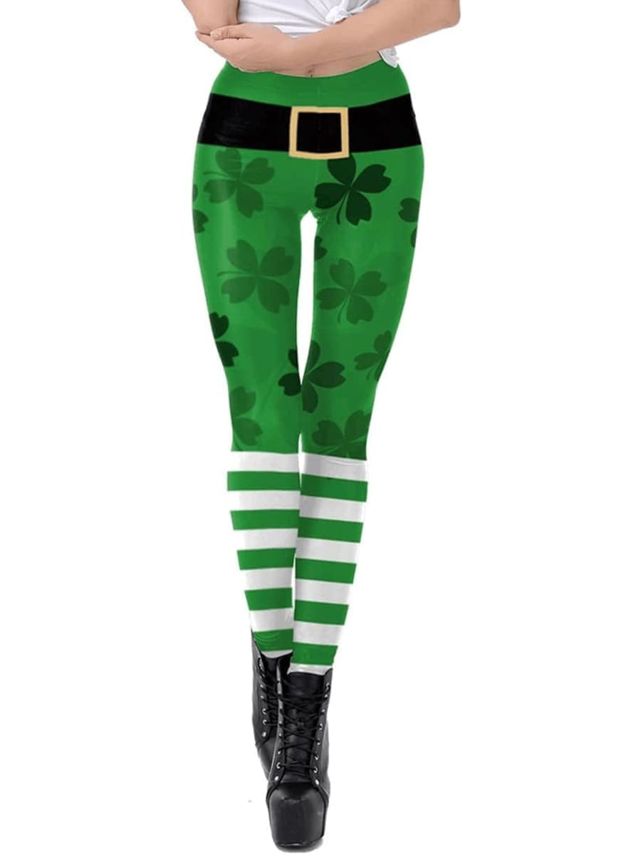 St. Patrick's Day Leggings for Women Shamrock Clover High Waisted Stretchy Yoga Pants Green Lucky Tights, Clover01, Medium — image 1