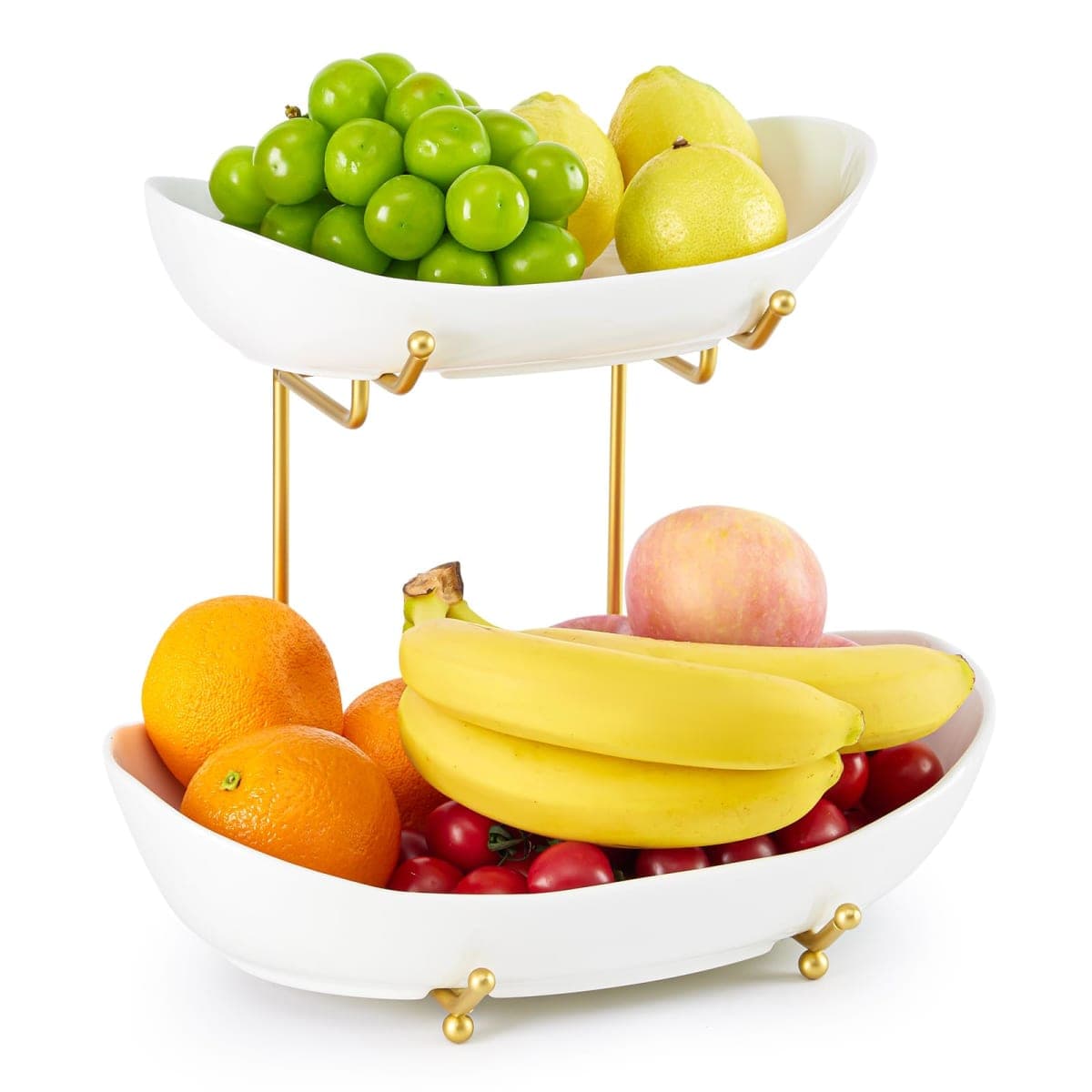 HOMKULA Ceramic Fruit Bowl for Kitchen Counter - 2 Tier Fruit Basket with Metal Stand, Tiered Fruit Stand for Countertop, Snack, Nuts, Cake, Dessert (Gold, Large) — image 1
