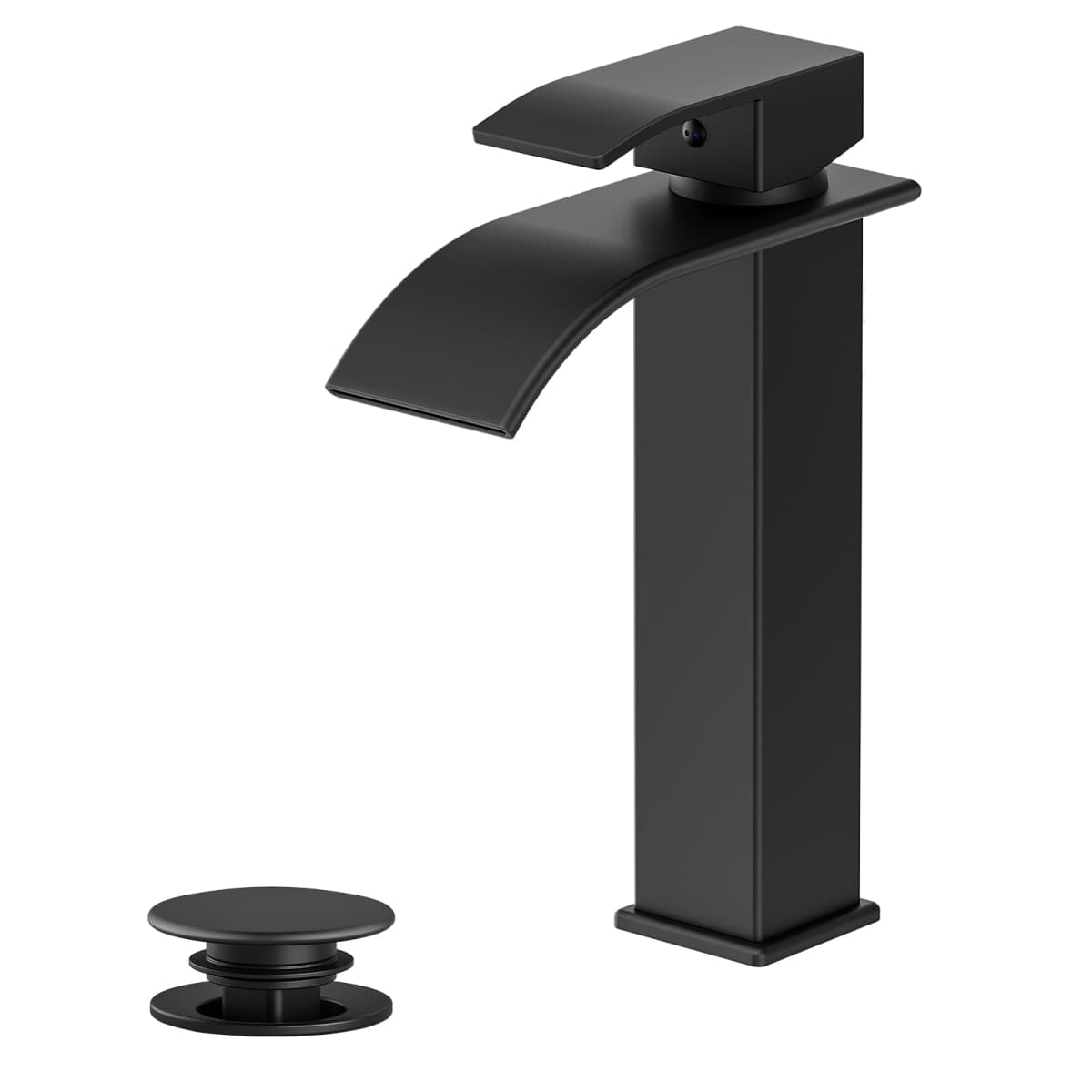 Rywuanku Matte Black Bathroom Faucet Waterfall Spout, Single Handle Sink Faucet with Pop-up Drain & Deck Plate, Modern 1 Hole Vanity Faucet for RV, Farmhouse, Camper or Bathroom Sink — image 1