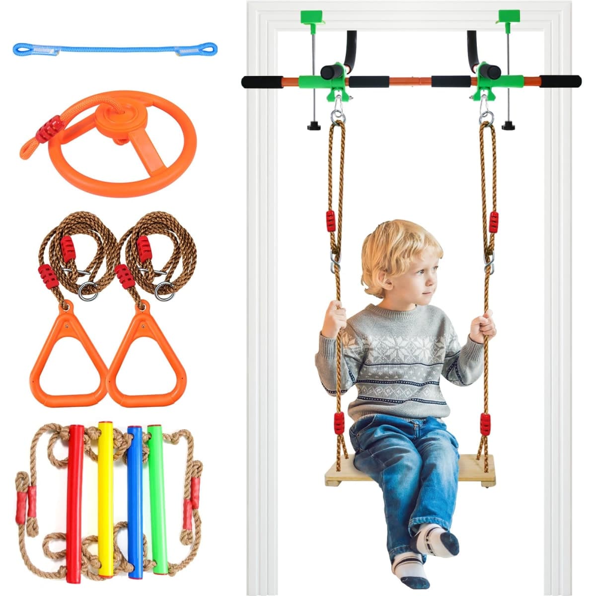 Doorway Swing for Kids & Door Pull Up Bar for Adults - Indoor Kid Swing with 4pcs Accessories - Multi-Function Doorway Gym for Family Fitness & Play (Orange) — image 1