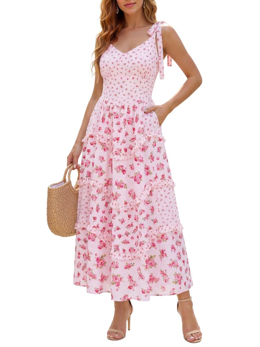 AlisOker Women Floral Maxi Dress Tie Shoulder Ruffled Smocked Boho Sundress, Pink, Small — image 1