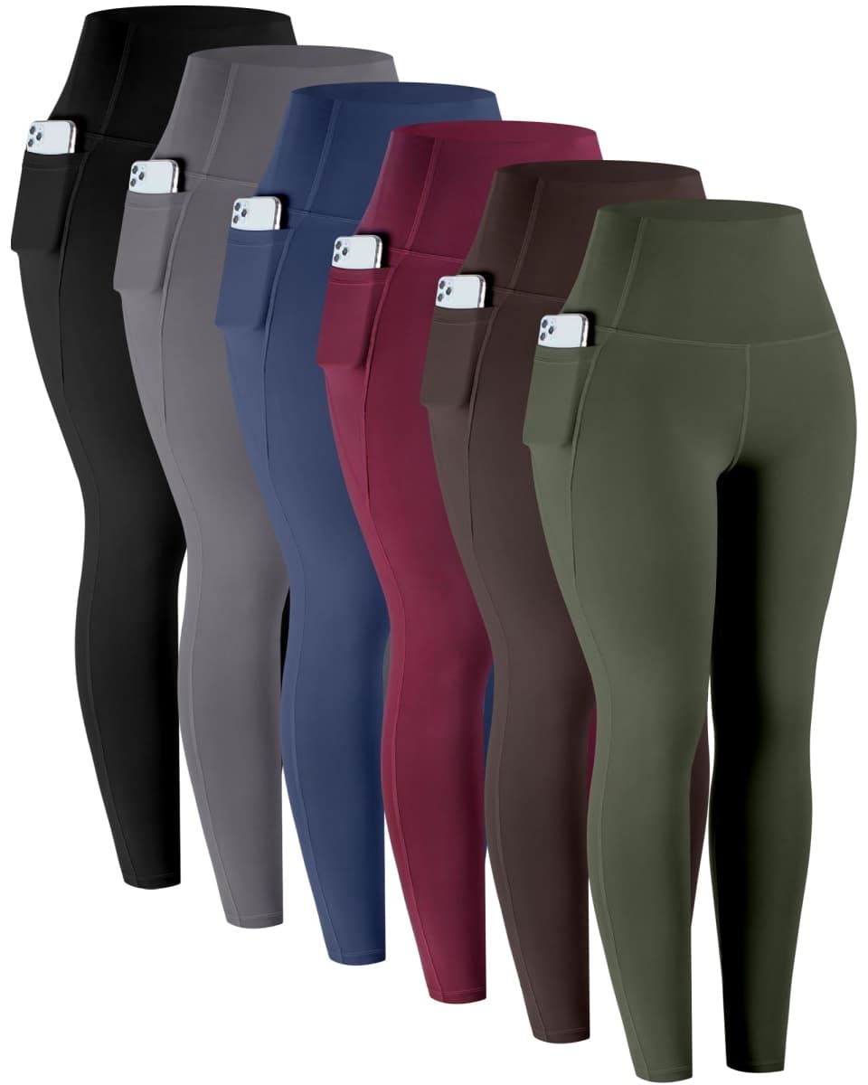 LZYVOO Leggings with Pockets for Women, 6 Packs Soft High Waisted Tummy Control Workout Yoga Pants, 6 Packs - Black,gray,navy,burgundy,army Green,brown, Medium — image 1