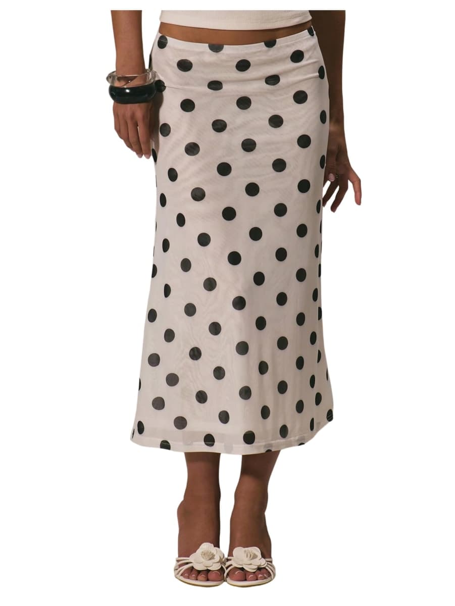 MakeMeChic Women's Polka Dots Skirt Summer Mesh Flowy Midi Skirts, White, Large — image 1
