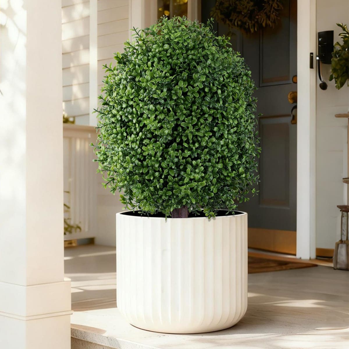 INSPRING 24" Artificial Boxwood Topiary Trees Outdoor Fake Bushes Plants UV Resistant Evergreen Shrubs with Metal Ground Spike for Porch Patio Garden, 1 Pack — image 1